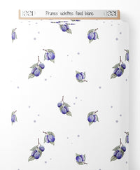 Tissu - Prunes violettes sur fond blanc