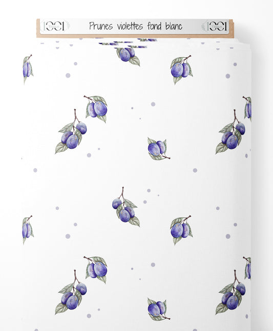 Tissu - Prunes violettes sur fond blanc