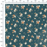 Tissu - Fleurs orange et blanches bleu