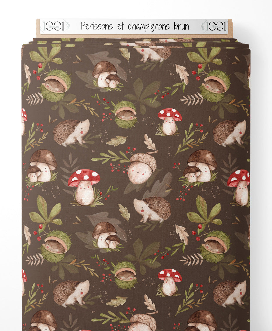 Tissu - Hérissons et champignons brun