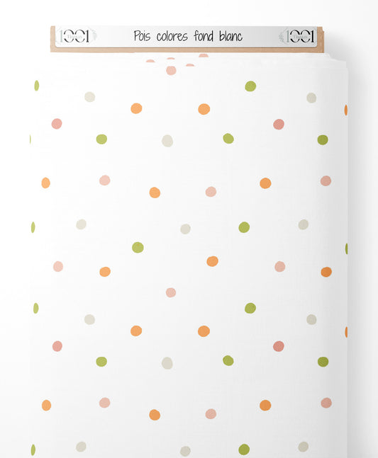 Tissu - Pois colorés sur fond blanc