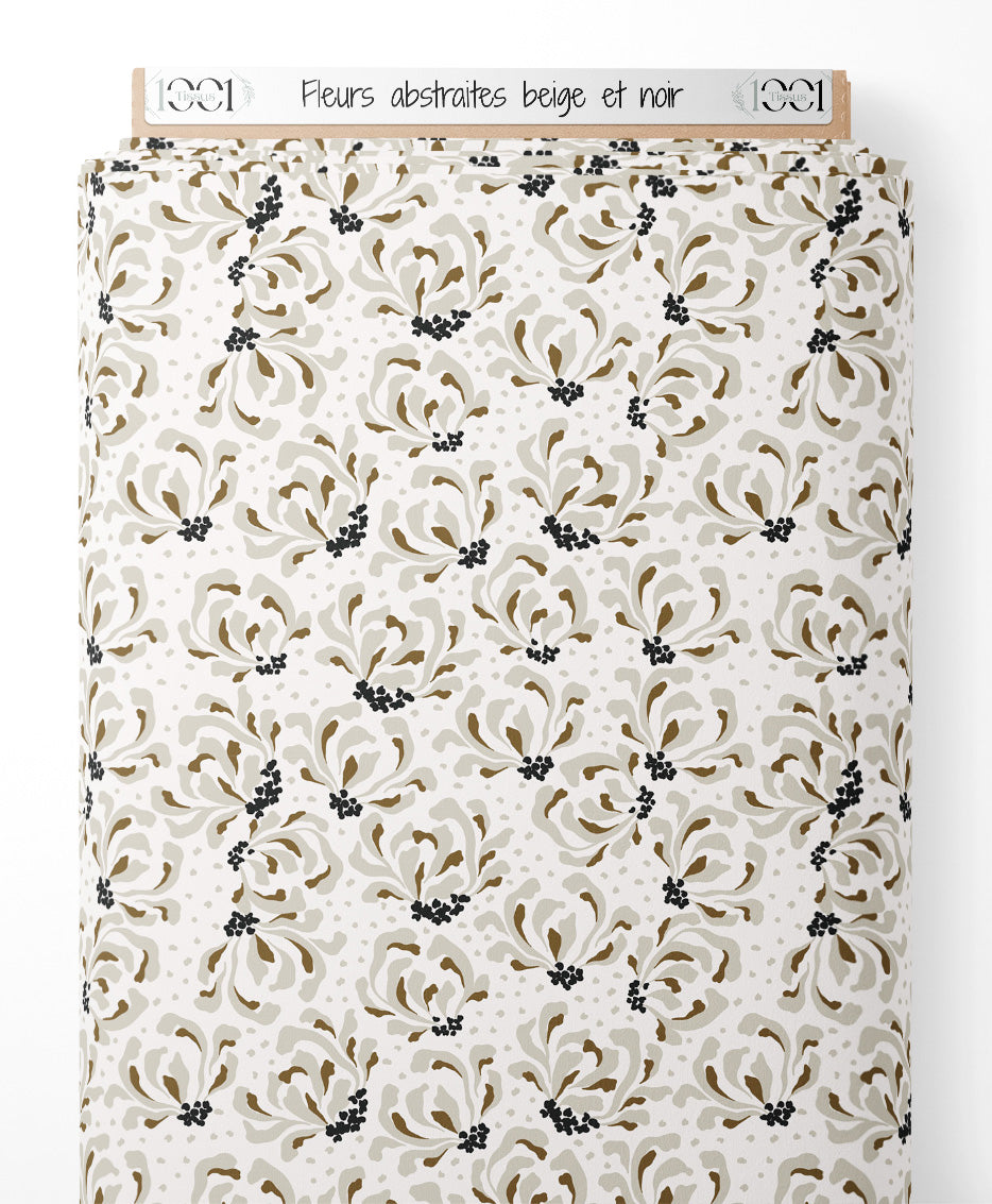 Tissu - Fleurs abstraites beige et noir