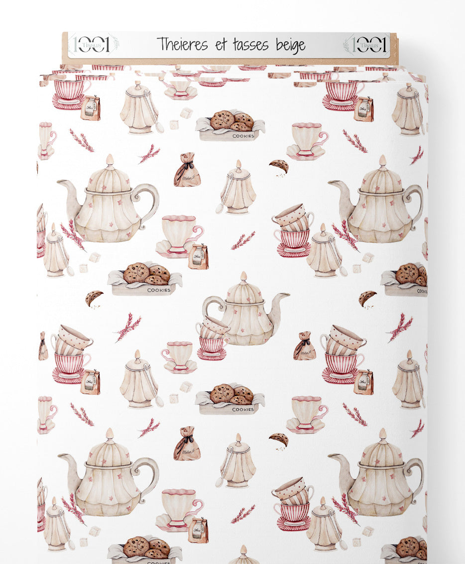 Tissu - Théières et tasses beige