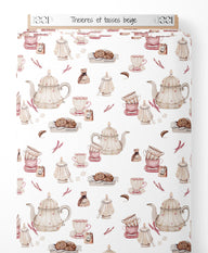 Tissu - Théières et tasses beige