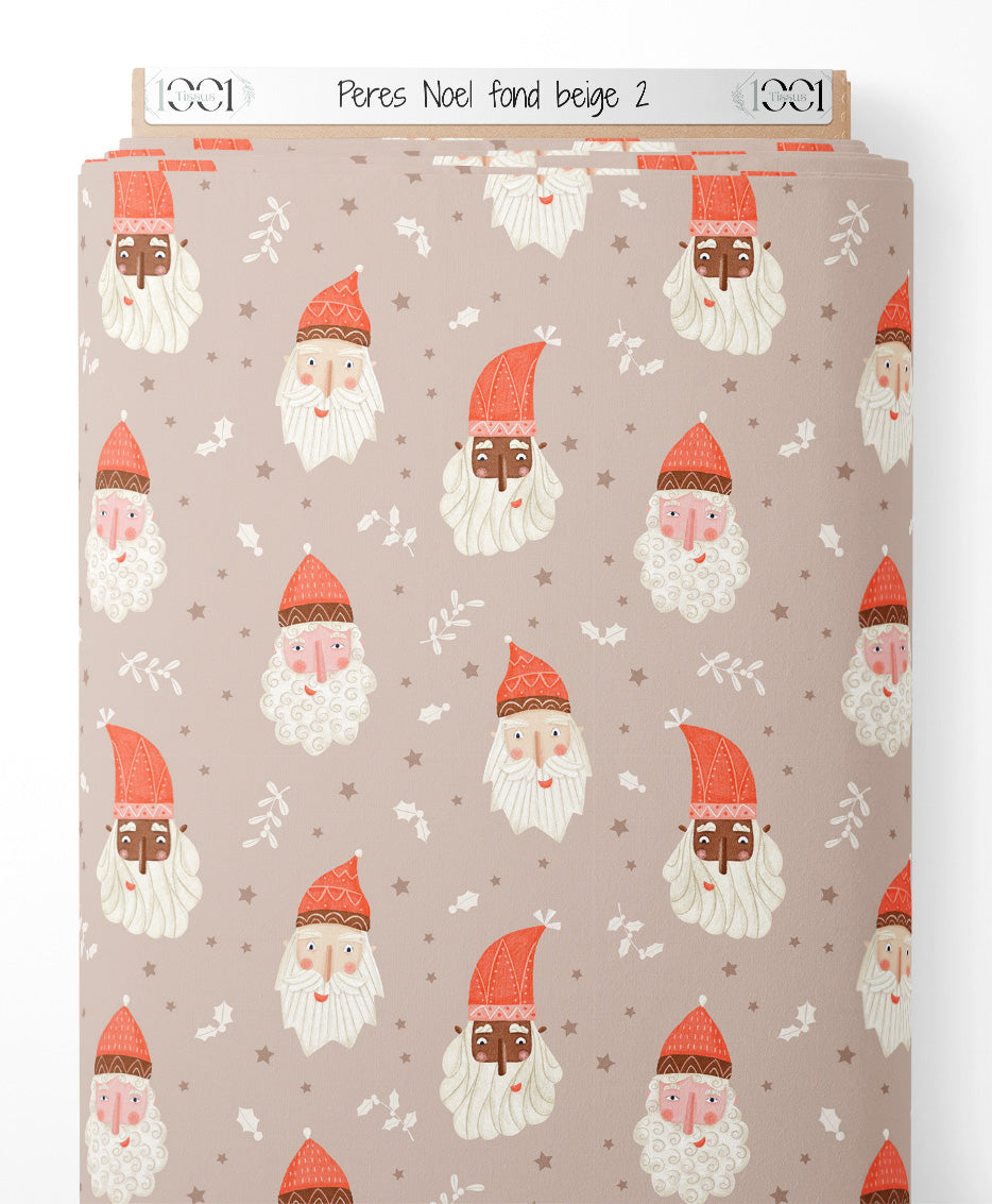 Tissu - Pères Noël sur fond beige 2