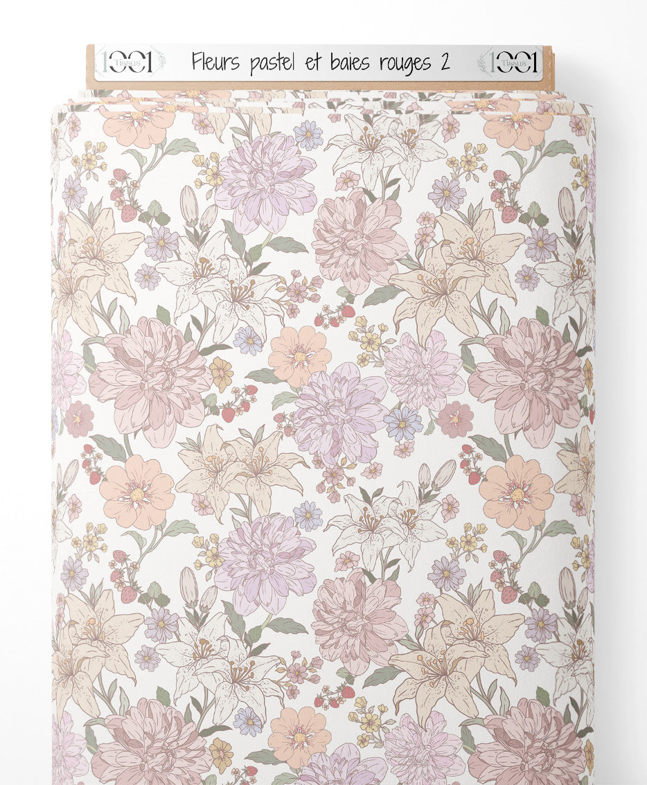 Tissu - Fleurs pastel et baies rouges 2