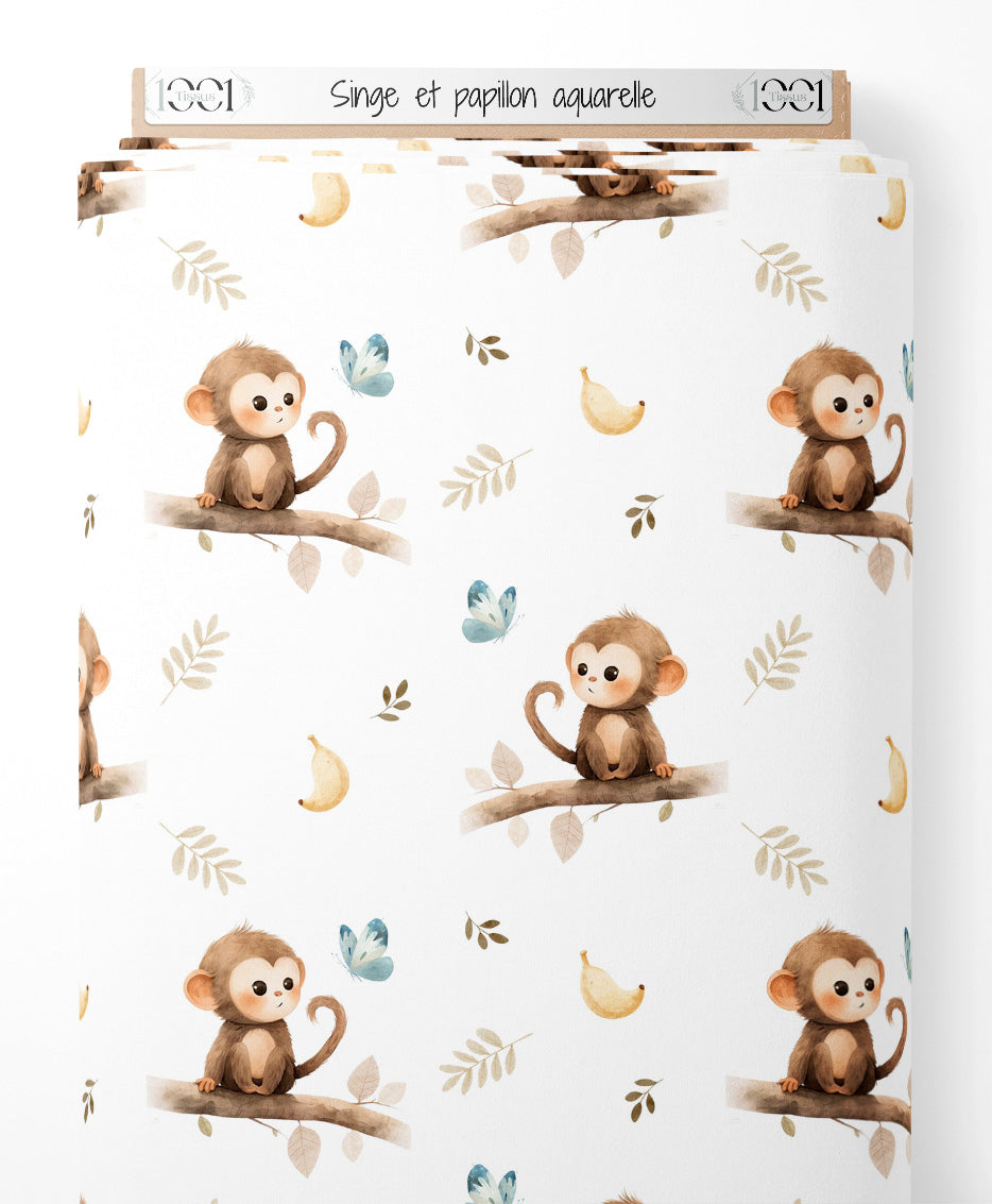 Tissu - Singe et papillon aquarelle
