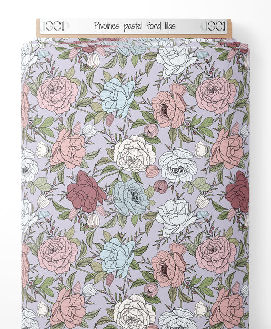 Tissu - Pivoines pastel sur fond lilas