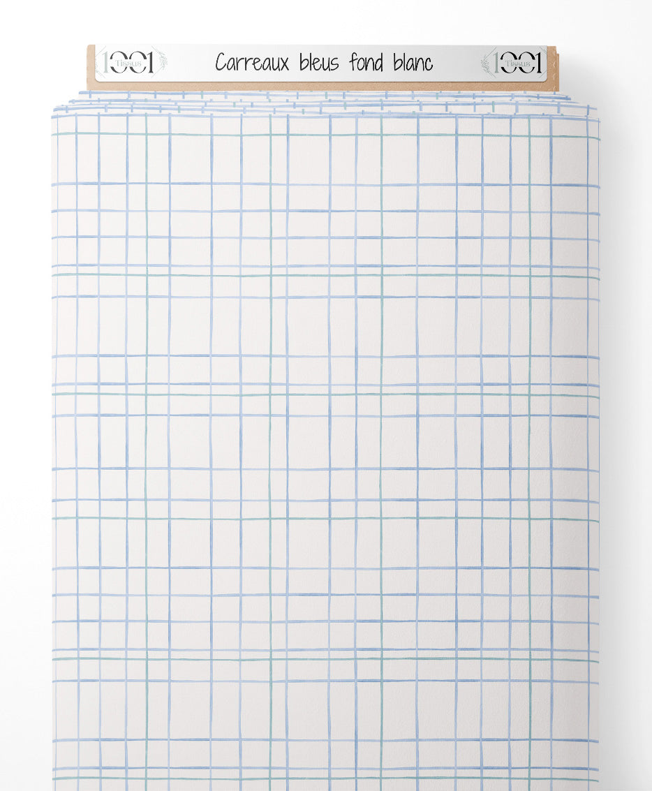 Tissu - Carreaux bleus sur fond blanc