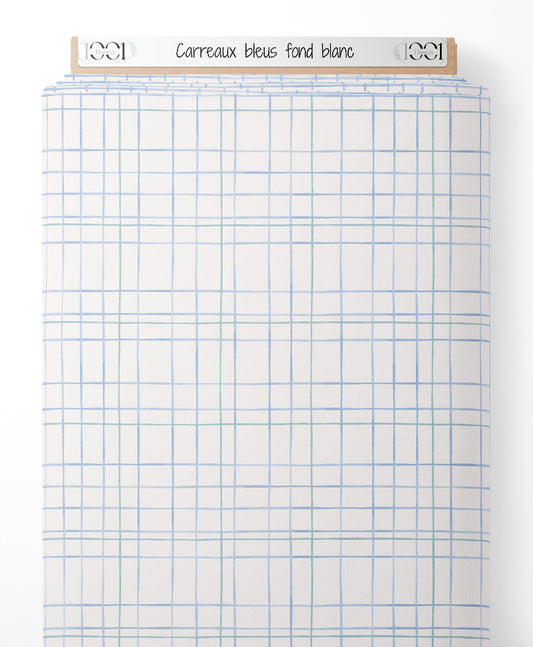 Tissu - Carreaux bleus sur fond blanc