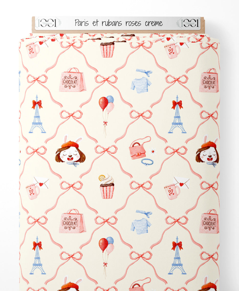 Tissu - Paris et rubans roses crème