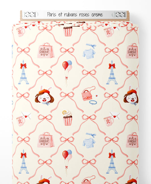 Tissu - Paris et rubans roses crème