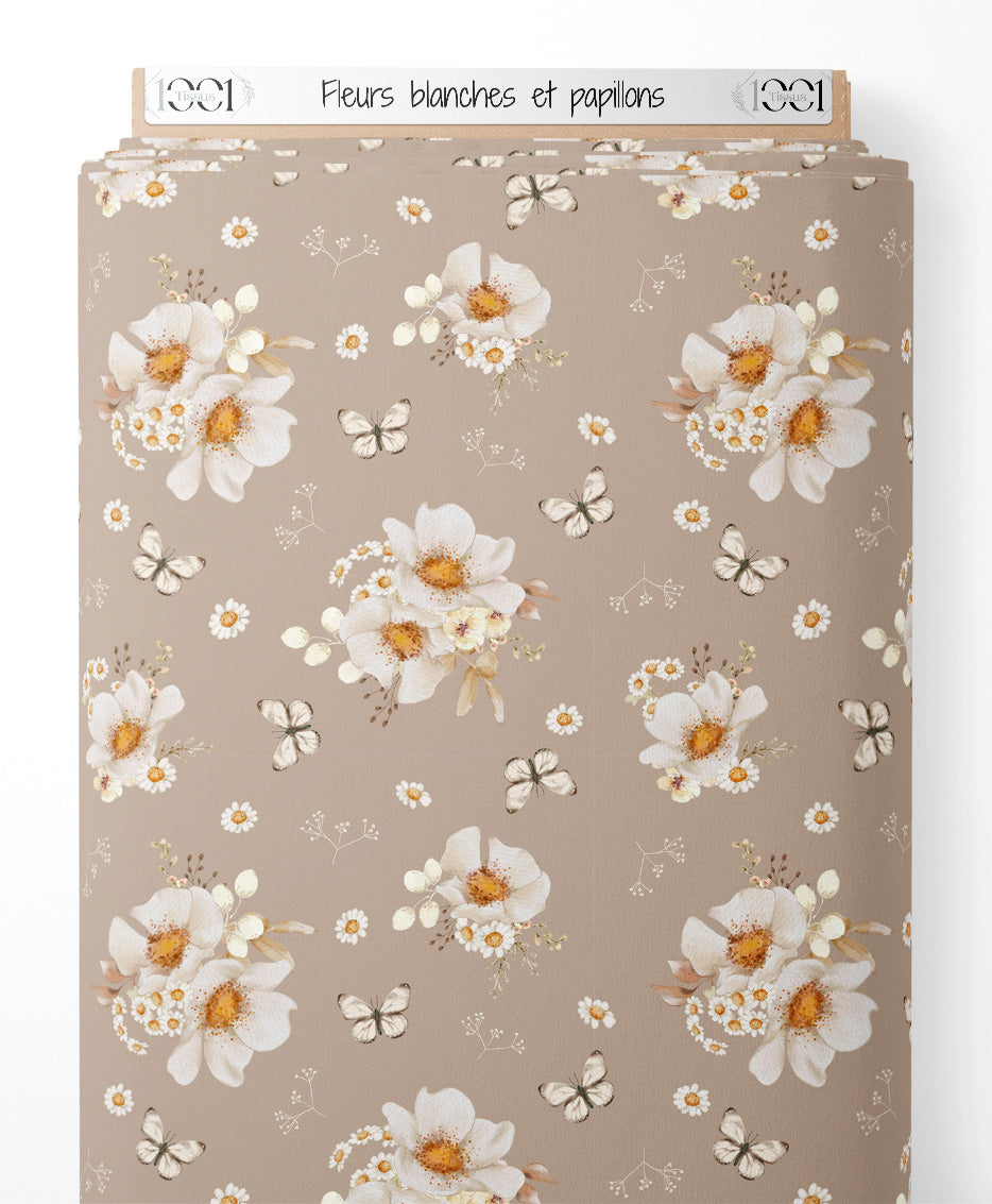 Tissu - Fleurs blanches et papillons
