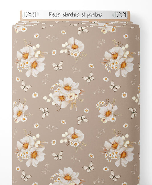 Tissu - Fleurs blanches et papillons