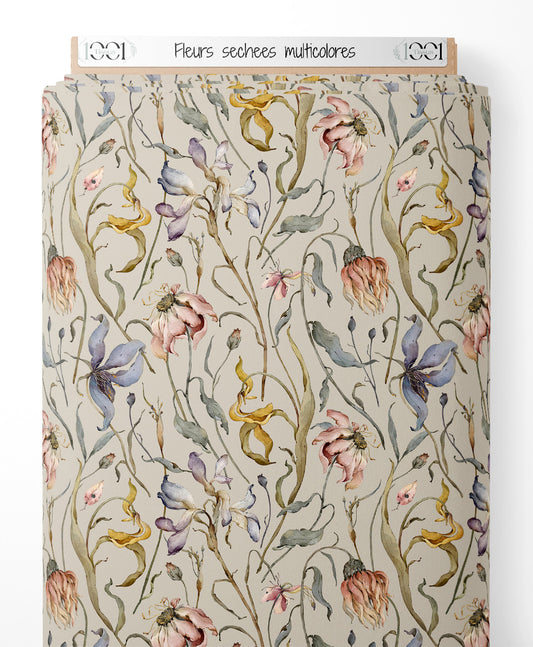 Tissu - Fleurs séchées multicolores