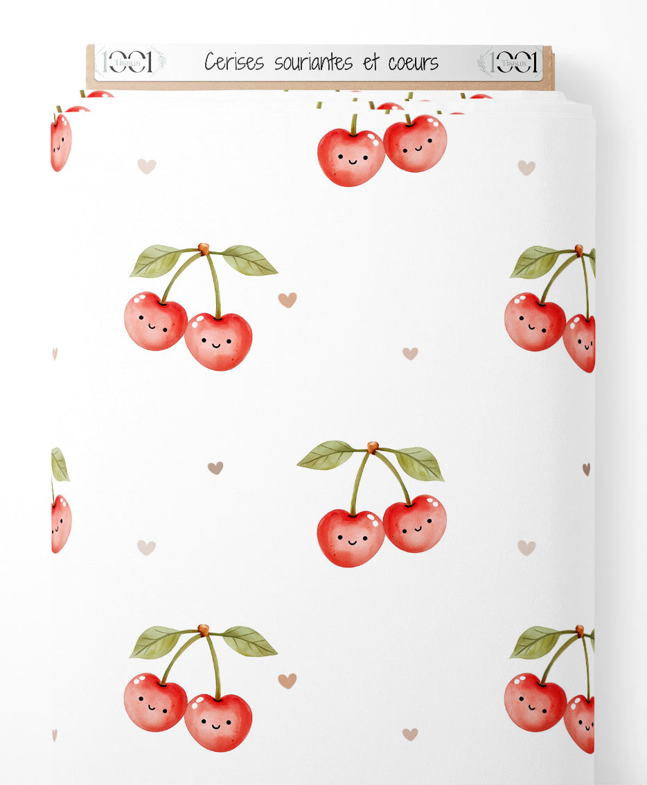 Tissu - Cerises souriantes et cœurs