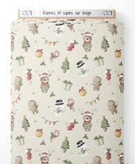 Tissu - Rennes et sapins sur beige