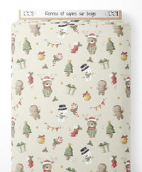 Tissu - Rennes et sapins sur beige