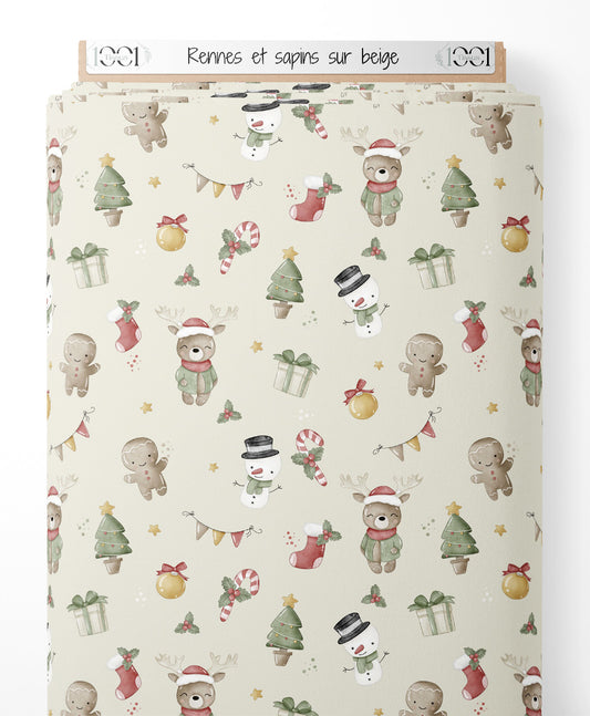 Tissu - Rennes et sapins sur beige