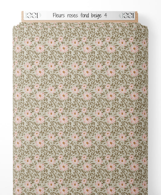 Tissu - Fleurs roses sur fond beige 4