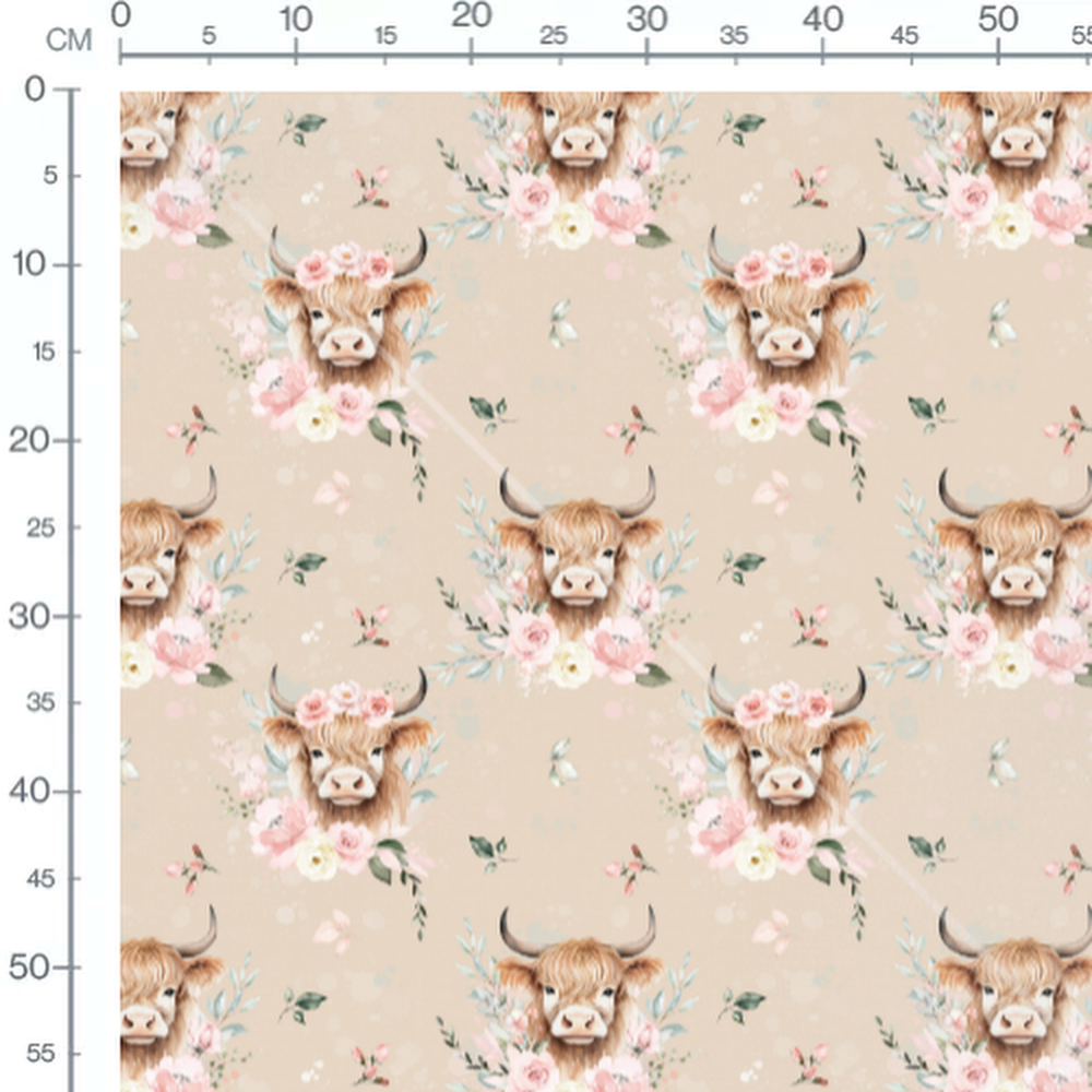 Tissu - Vaches fleuries sur fond beige