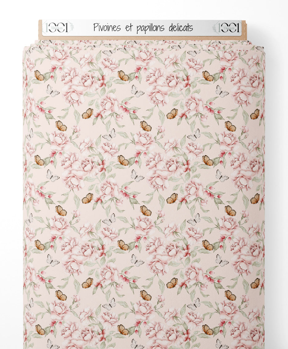 Tissu - Pivoines et papillons délicats