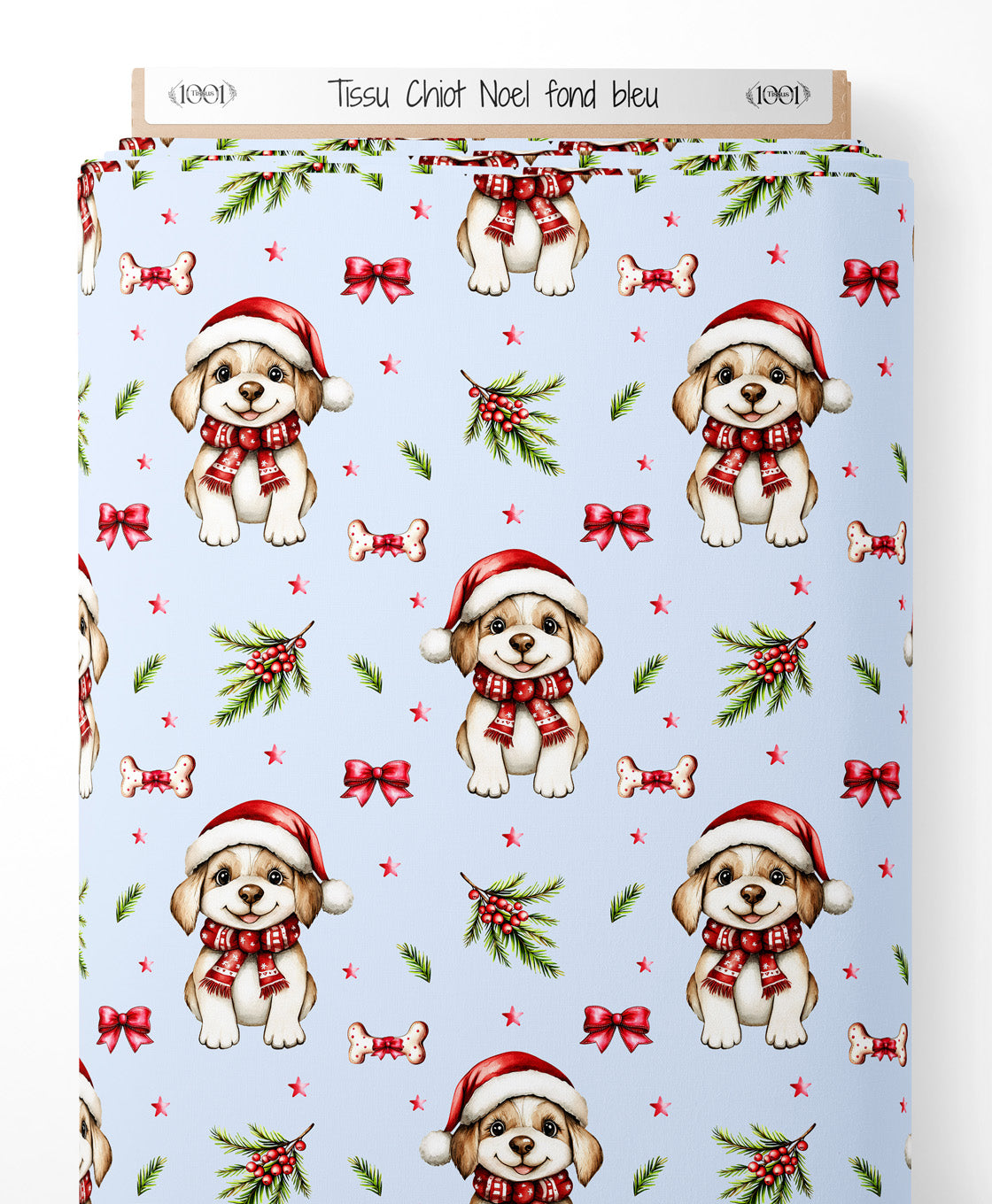 Tissu - Chiot Noel fond bleu