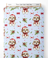 Tissu - Chiot Noel fond bleu