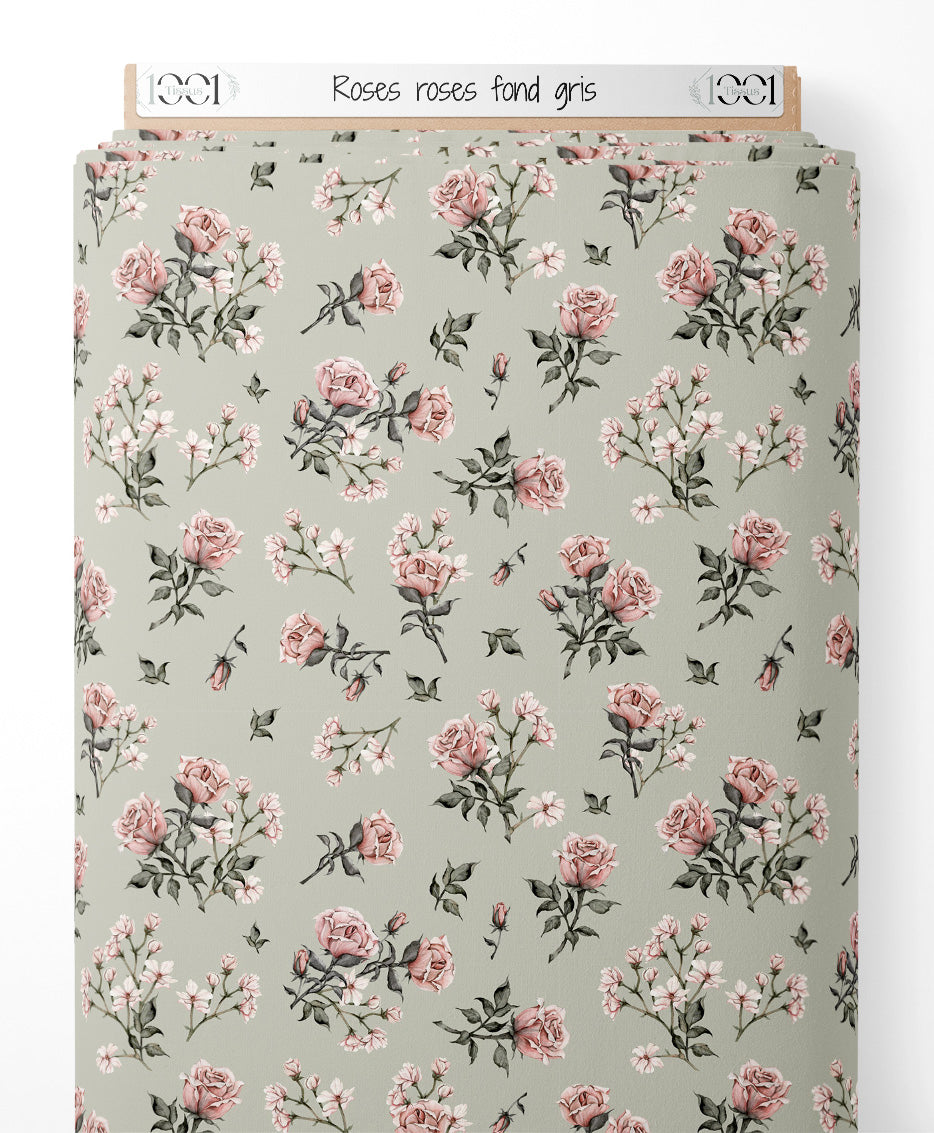 Tissu - Roses roses sur fond gris