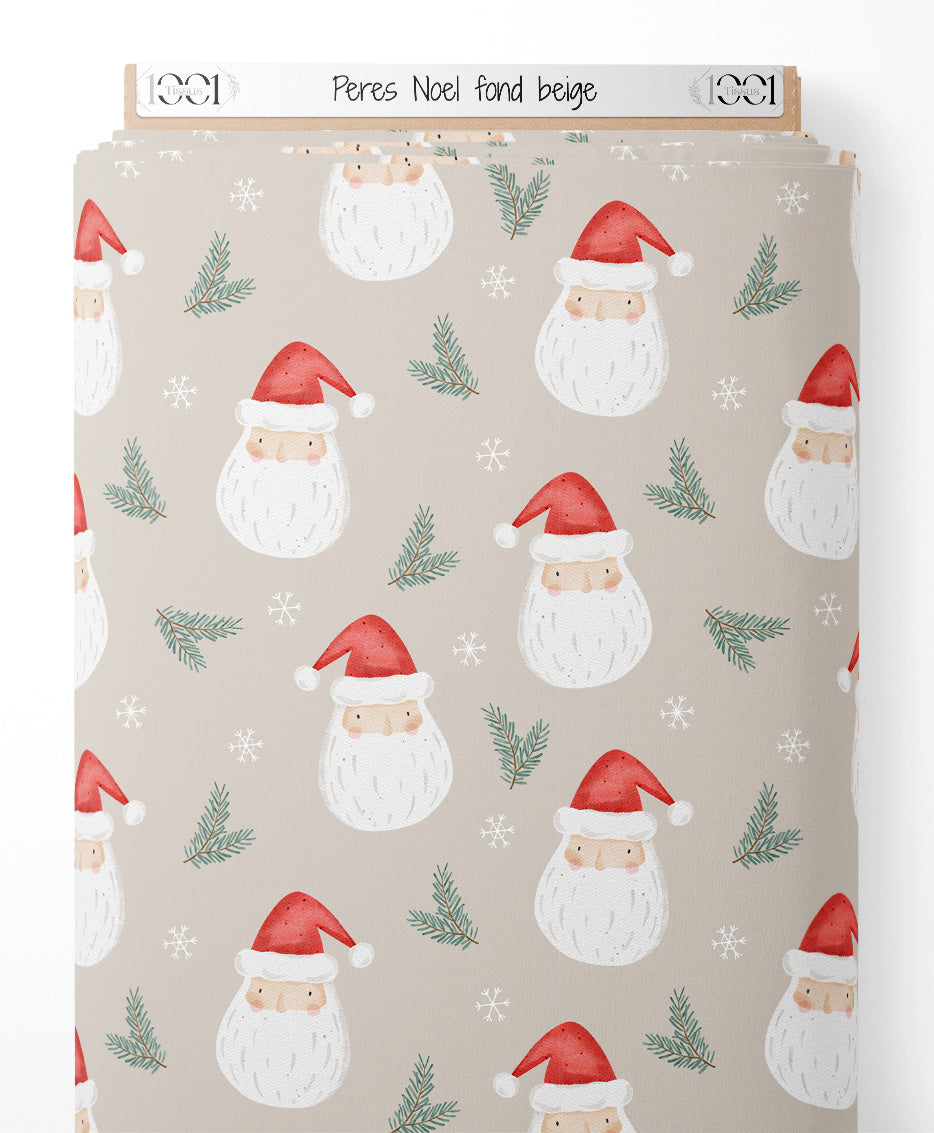 Tissu - Pères Noël sur fond beige