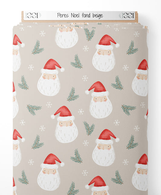 Tissu - Pères Noël sur fond beige