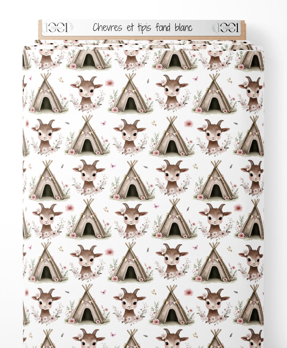 Tissu - Chèvres et tipis sur fond blanc