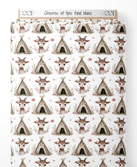 Tissu - Chèvres et tipis sur fond blanc