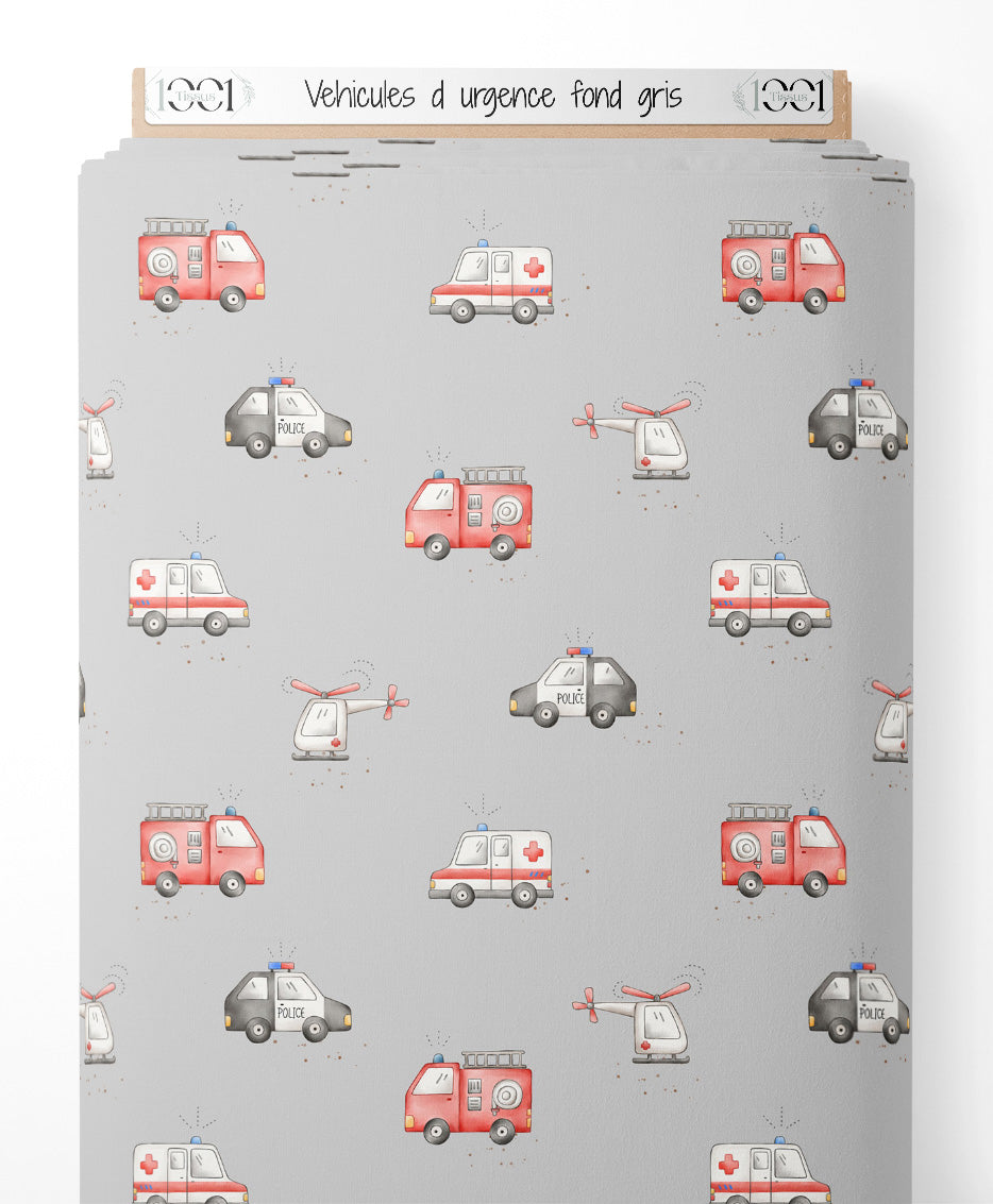 Tissu - Véhicules d'urgence sur fond gris