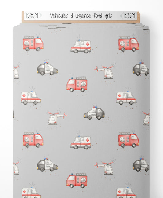 Tissu - Véhicules d'urgence sur fond gris