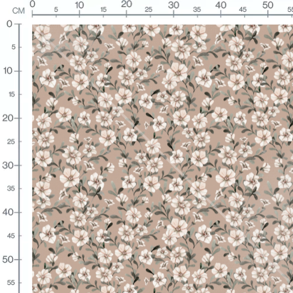 Tissu - Fleurs beige avec feuillage vert