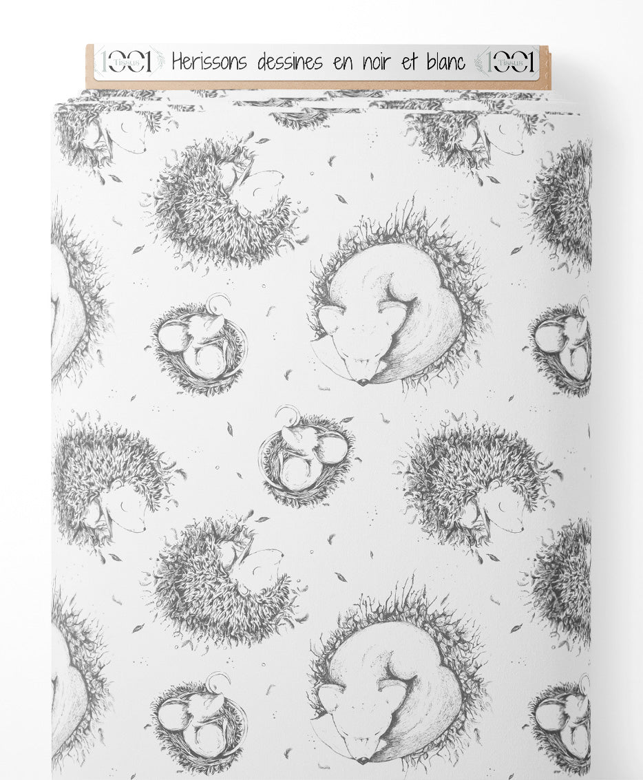 Tissu - Hérissons dessinés en noir et blanc