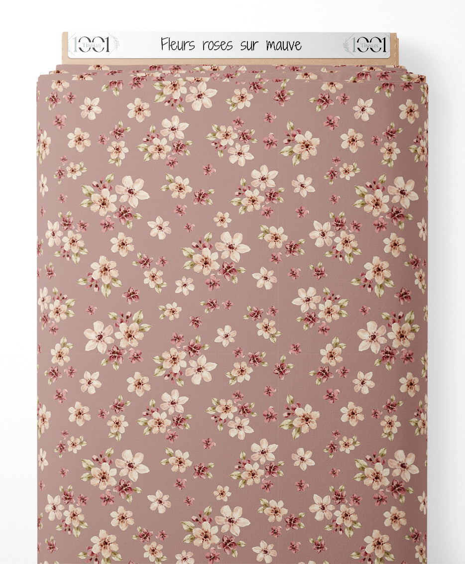 Tissu - Fleurs roses sur mauve