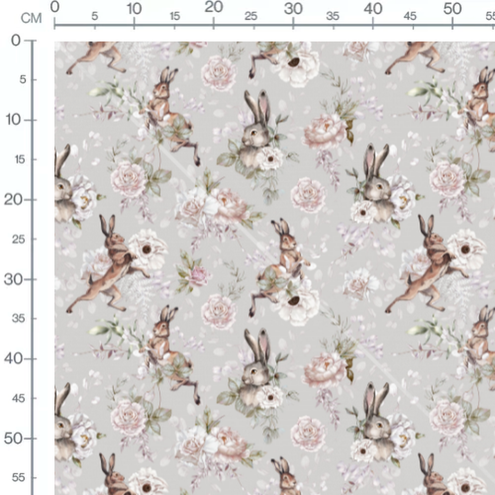 Tissu - Lapins bruns et fleurs roses 2