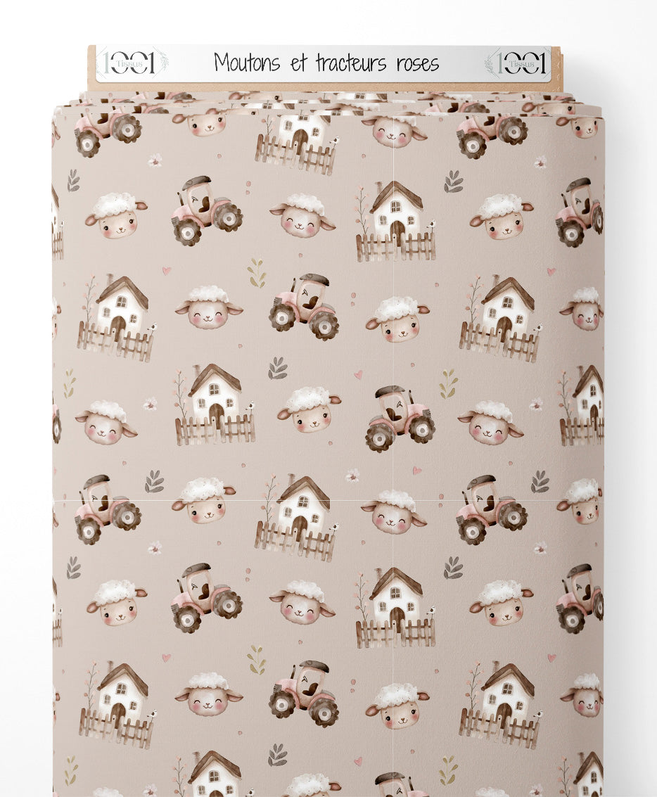 Tissu - Moutons et tracteurs roses