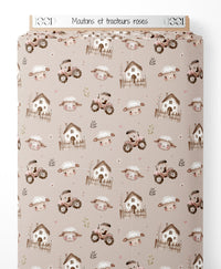Tissu - Moutons et tracteurs roses