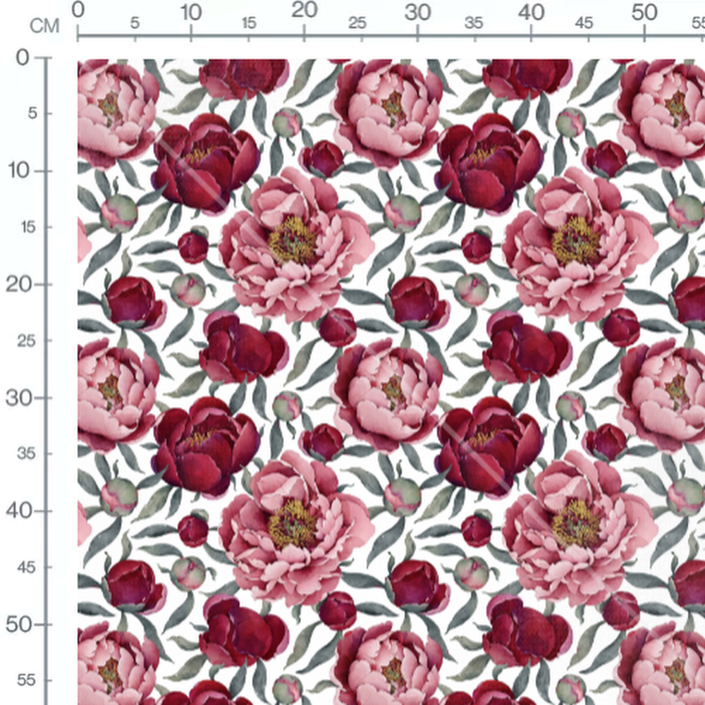 Tissu - Pivoines rouges sur blanc