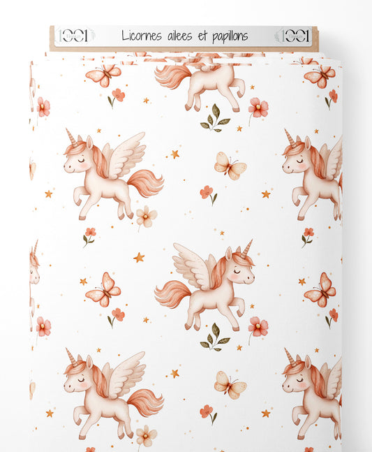 Tissu - Licornes ailées et papillons