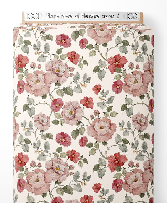 Tissu - Fleurs roses et blanches crème 2