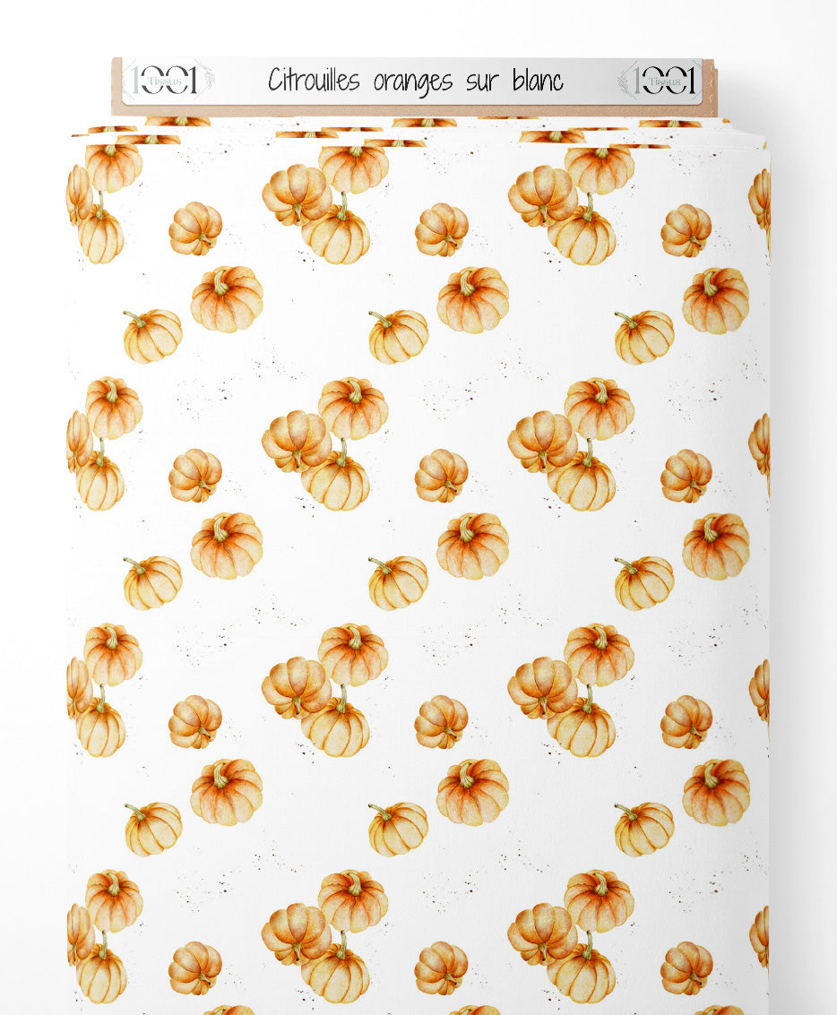 Tissu - Citrouilles oranges sur blanc