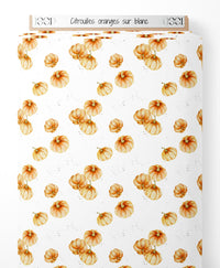 Tissu - Citrouilles oranges sur blanc