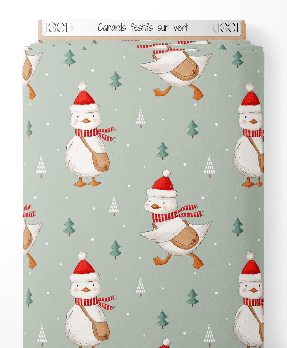 Tissu - Canards festifs sur vert