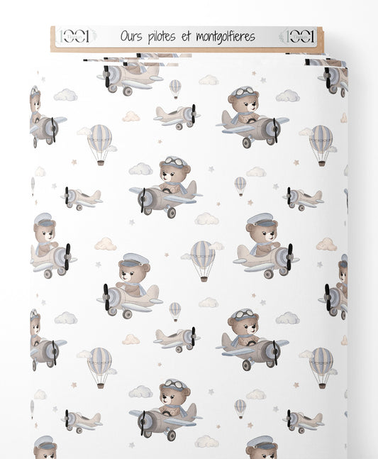 Tissu - Ours pilotes et montgolfières