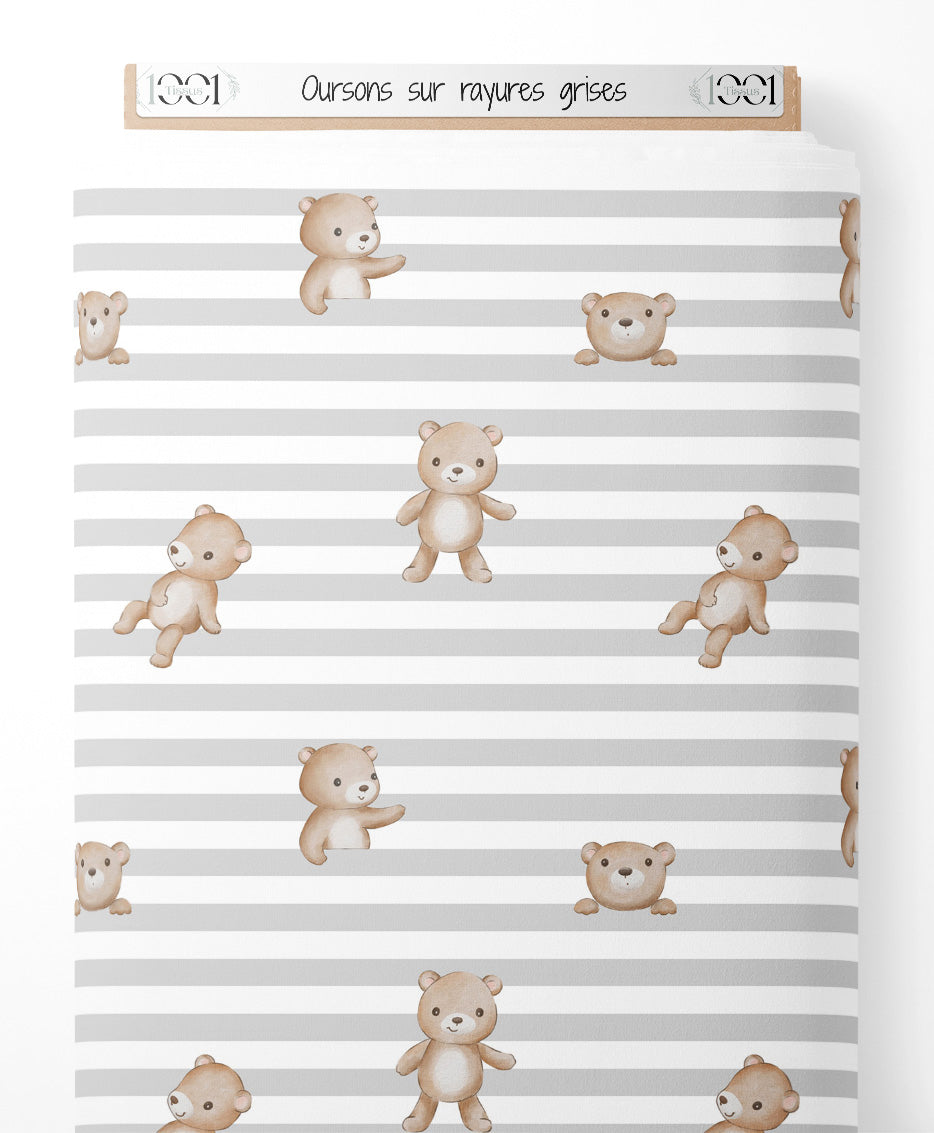 Tissu - Oursons sur rayures grises
