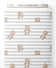 Tissu - Oursons sur rayures grises